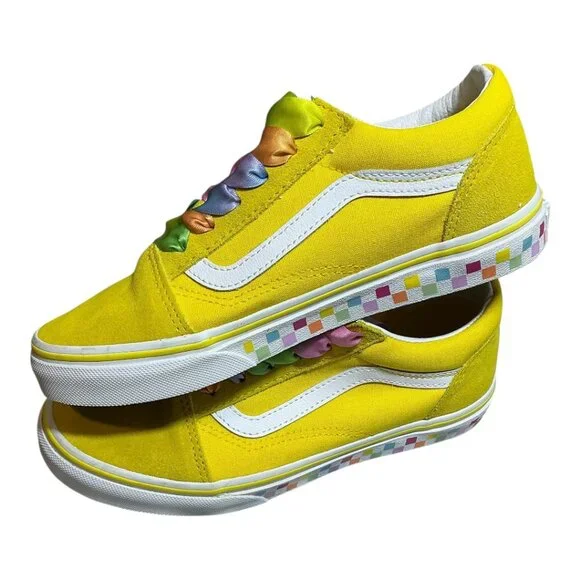 VANS Old Skool Rainbow Lace Yellow/white - Multi Color Checkerboard Kids 3 - Picture 6 of 14